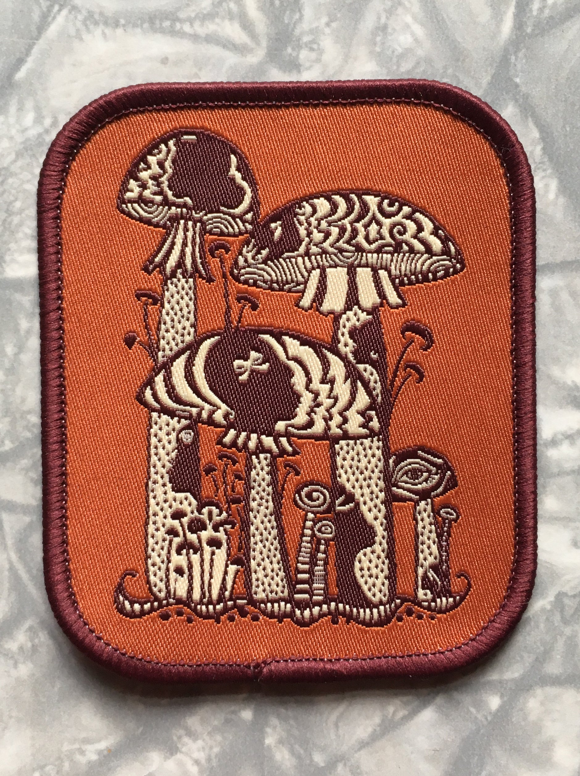 Orange, brown and off white psychedelic mushroom rectangular iron on patch 