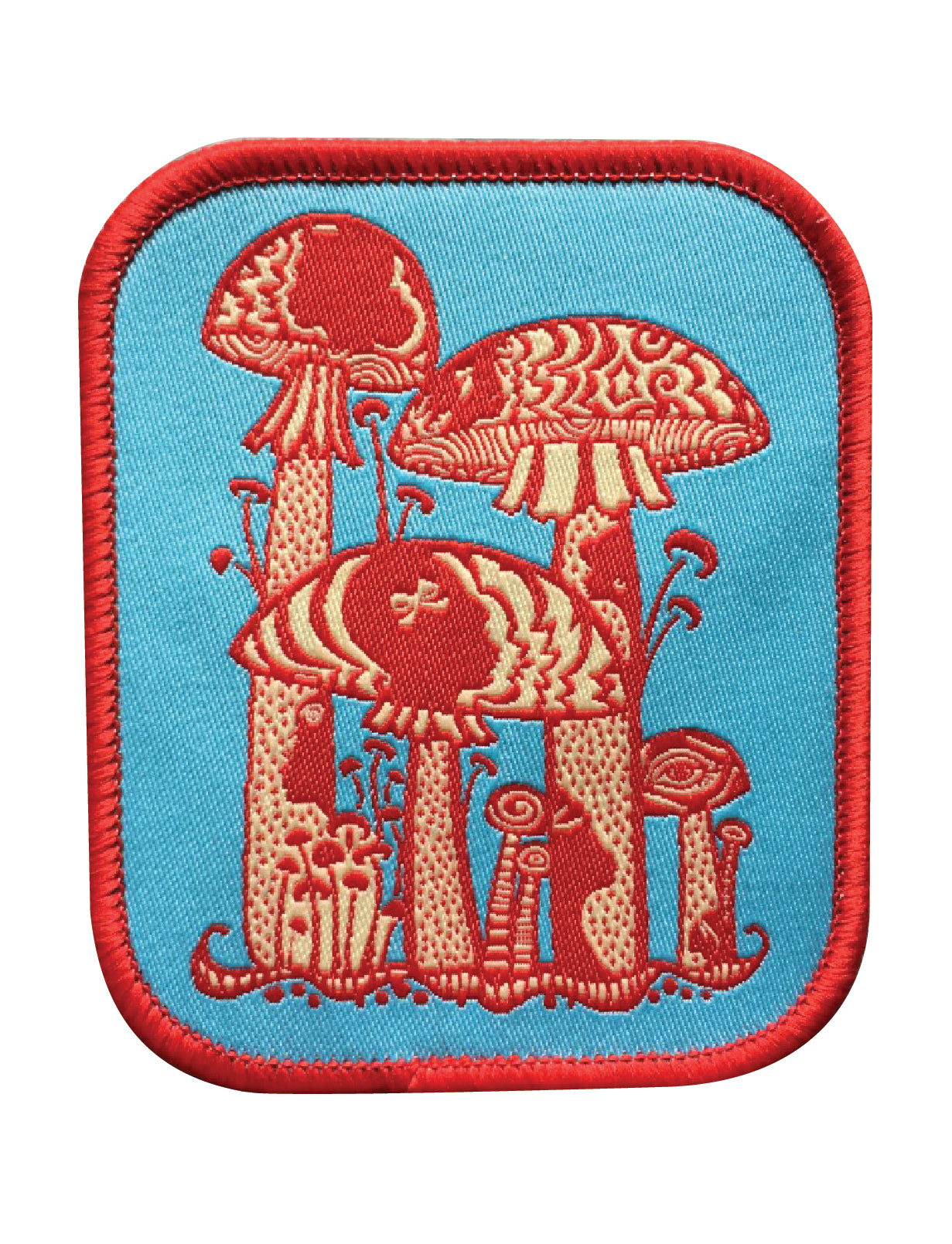 Rectangular aqua, red and off white psychedelic mushroom iron on patch