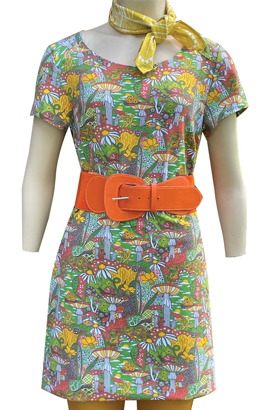 Olive green, orange and yellow mushroom, snail, and flower print cap-sleeved pocket tunic with belt and neck scarf