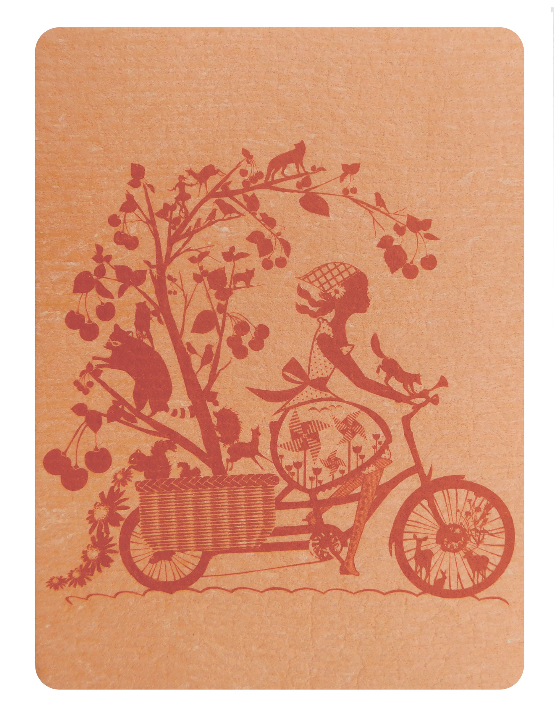 Orange Swedish dishcloth with red graphic of woman riding a bike