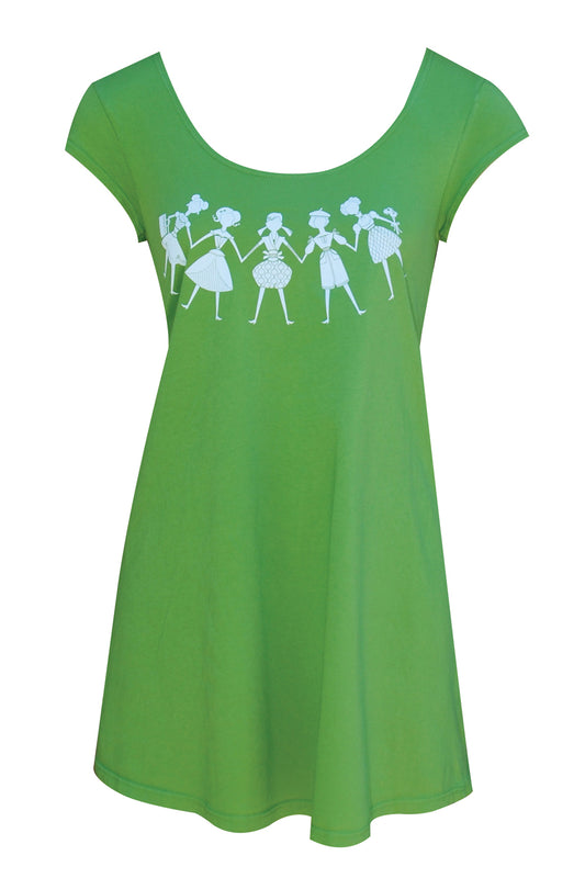 Green shirt with graphic of women holdong hands