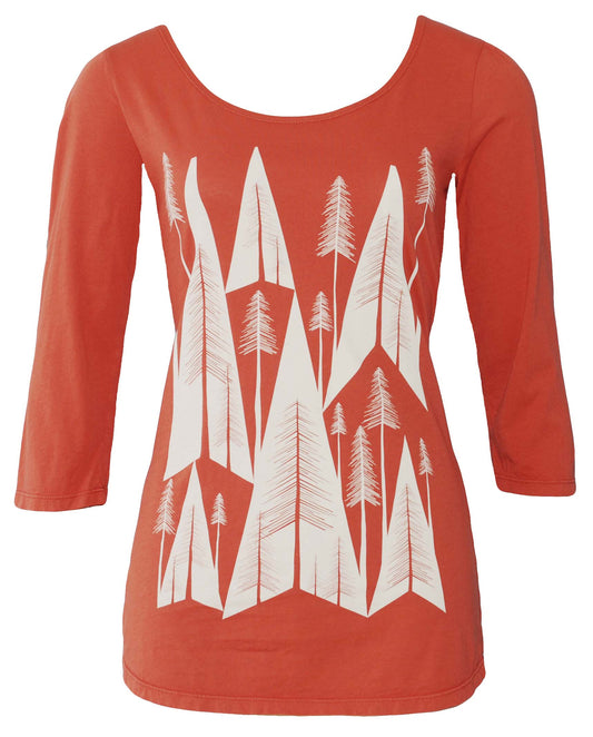 3/4 sleeve orange tee with graphic of pine trees