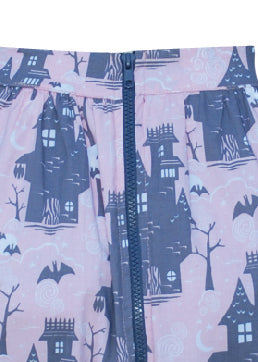 Back closeup view of pink and grey gathered midi skirt with haunted houses, moons and bats