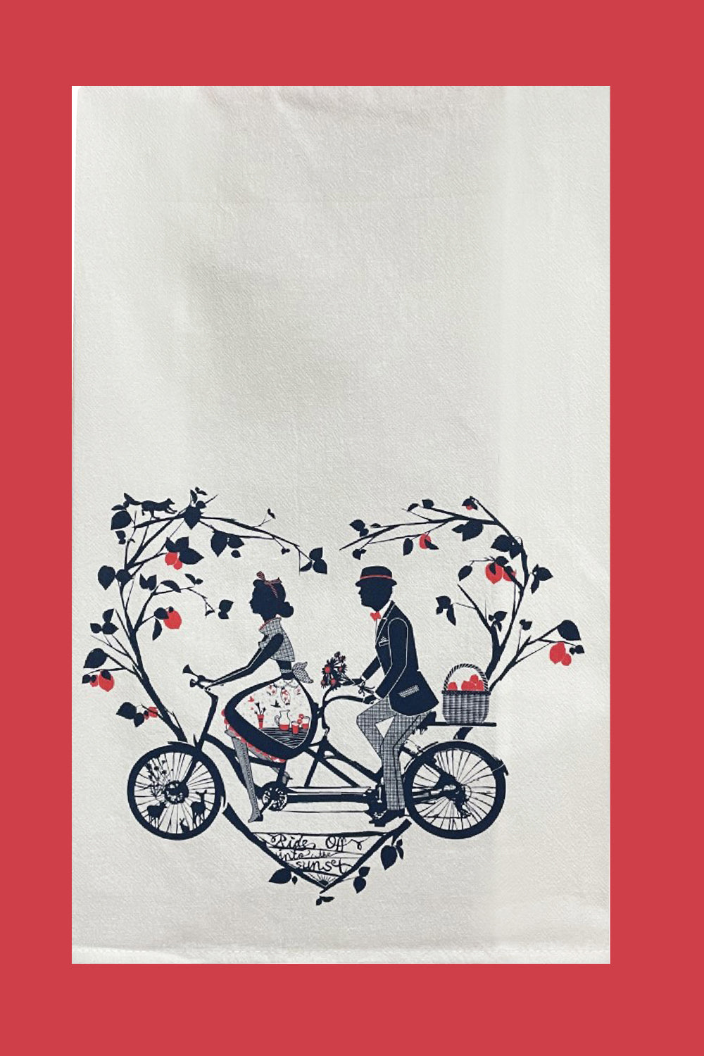 Off-white tea towel with navy and red print of a couple riding a tandem among fruit trees