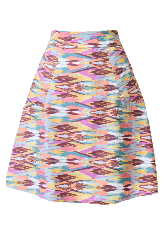 Geometric multi color print a-line skirt with patch pockets