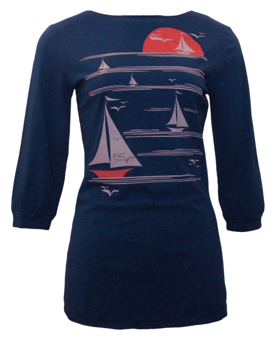 Long sleeve blue shirt with graphic of boats on the water at sunset