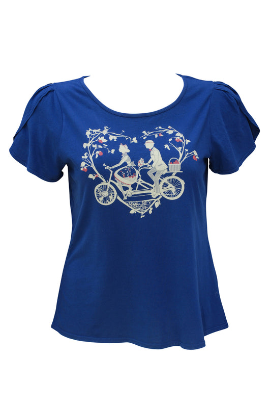 Blue tee with graphic of older couple riding a tandem bicycle