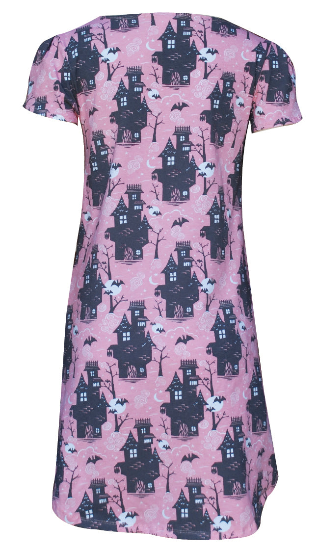Back view of light pink and grey haunted house print tulip-sleeved tunic with pockets