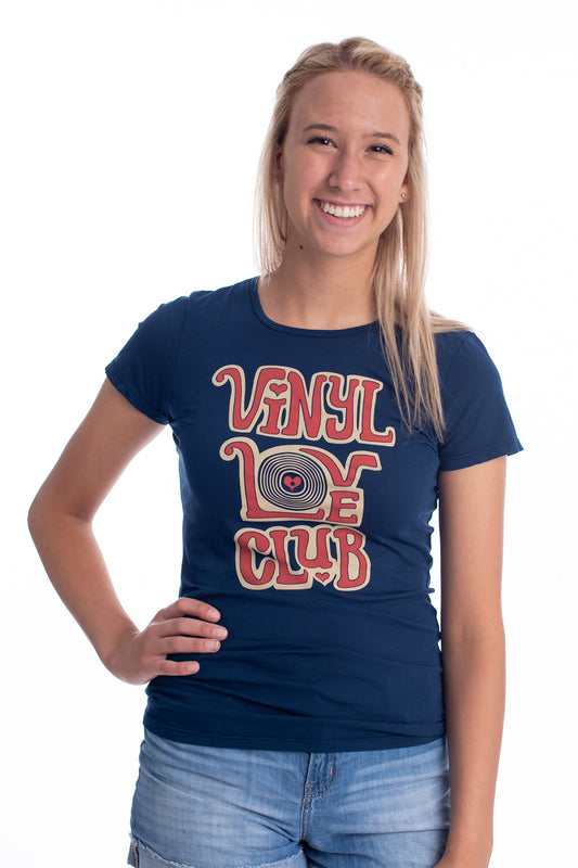 Navy blue graphic tee with "Vinyl Love Club" text in red and off white on blonde model