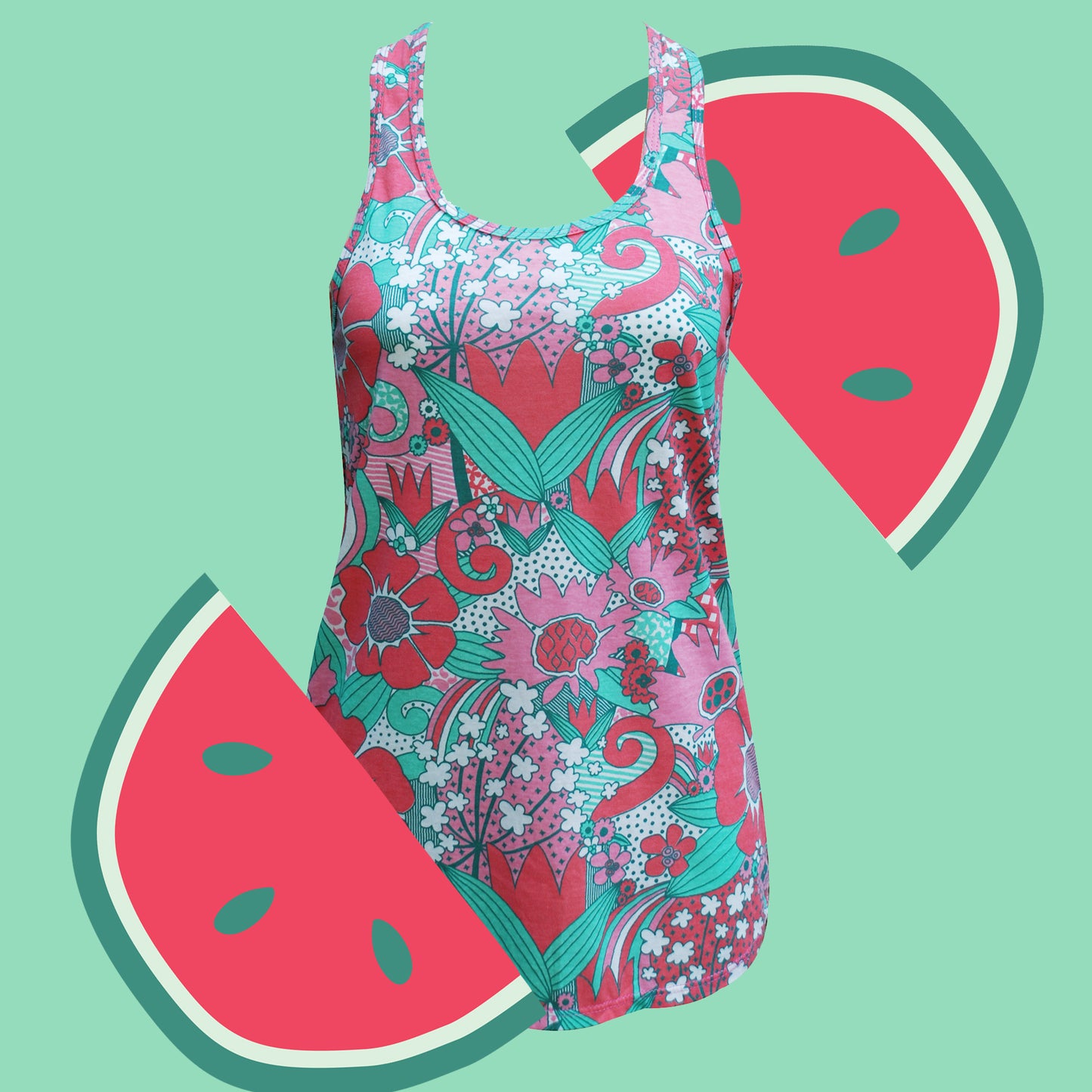 Pink and green big floral racerback tank top with watermelon graphics on green background