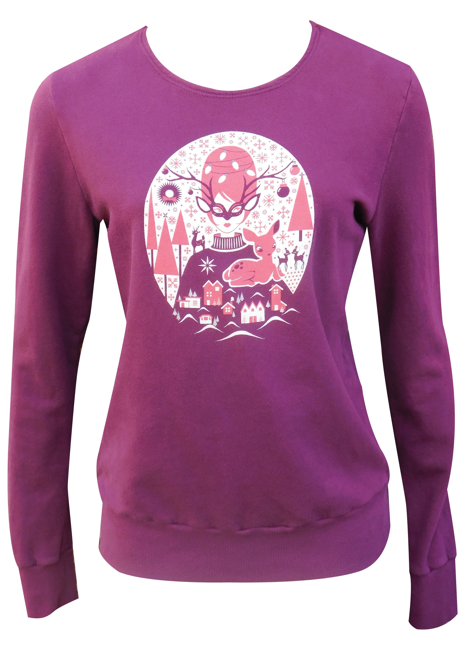 Plum sweatshirt with red and white graphic of Christmas girl, reindeer, and pine trees