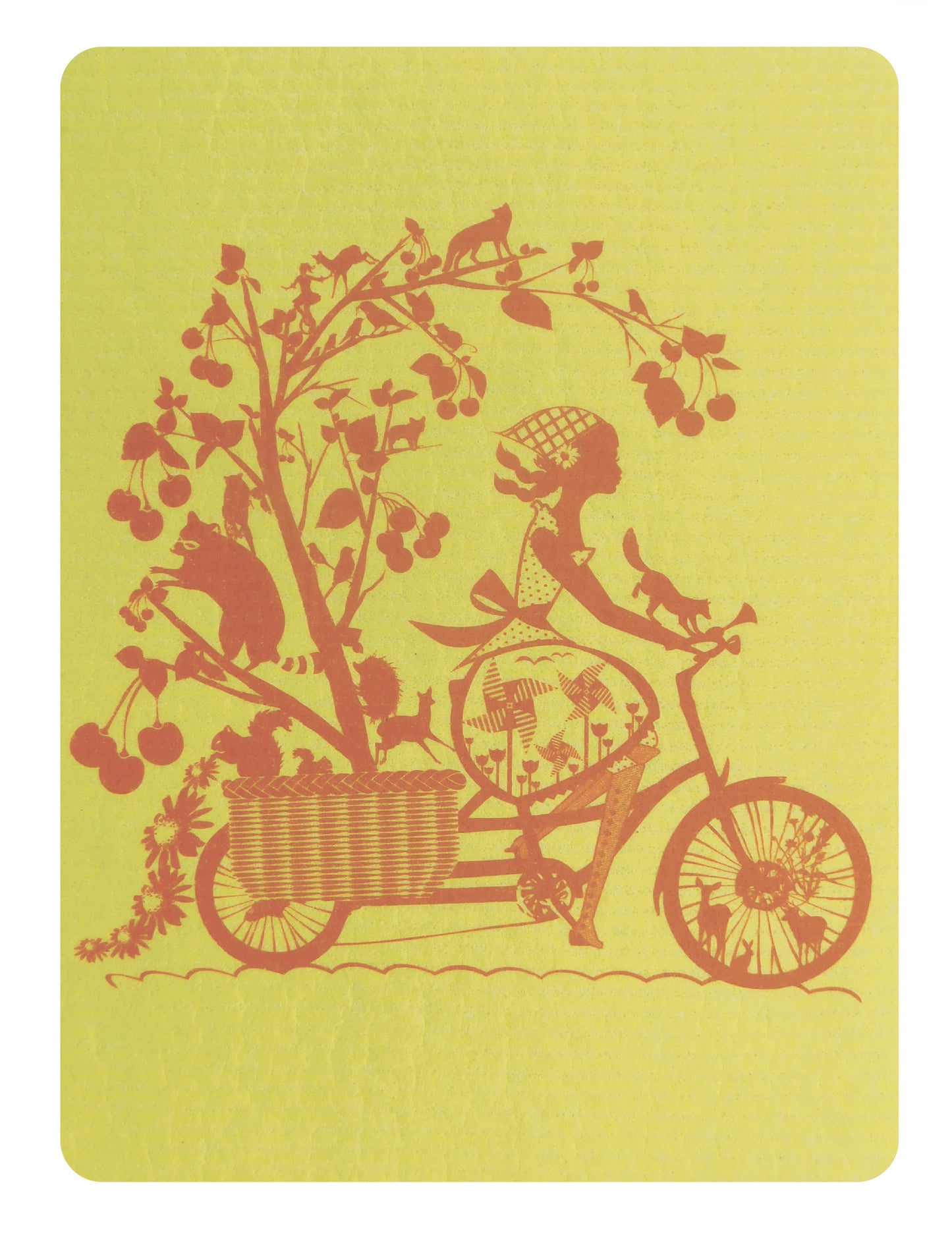 Yellow Swedish dishcloth with red graphic of a girl on a bike