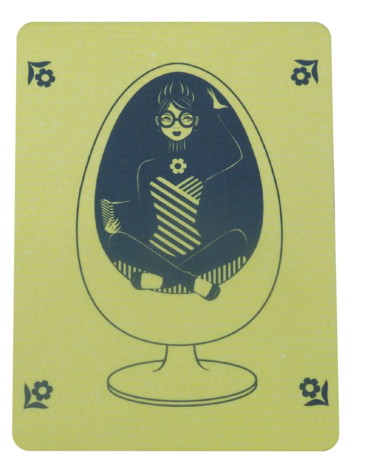 Yellow Swedish dishcloth with grey graphic of a girl reading a book in an egg chair
