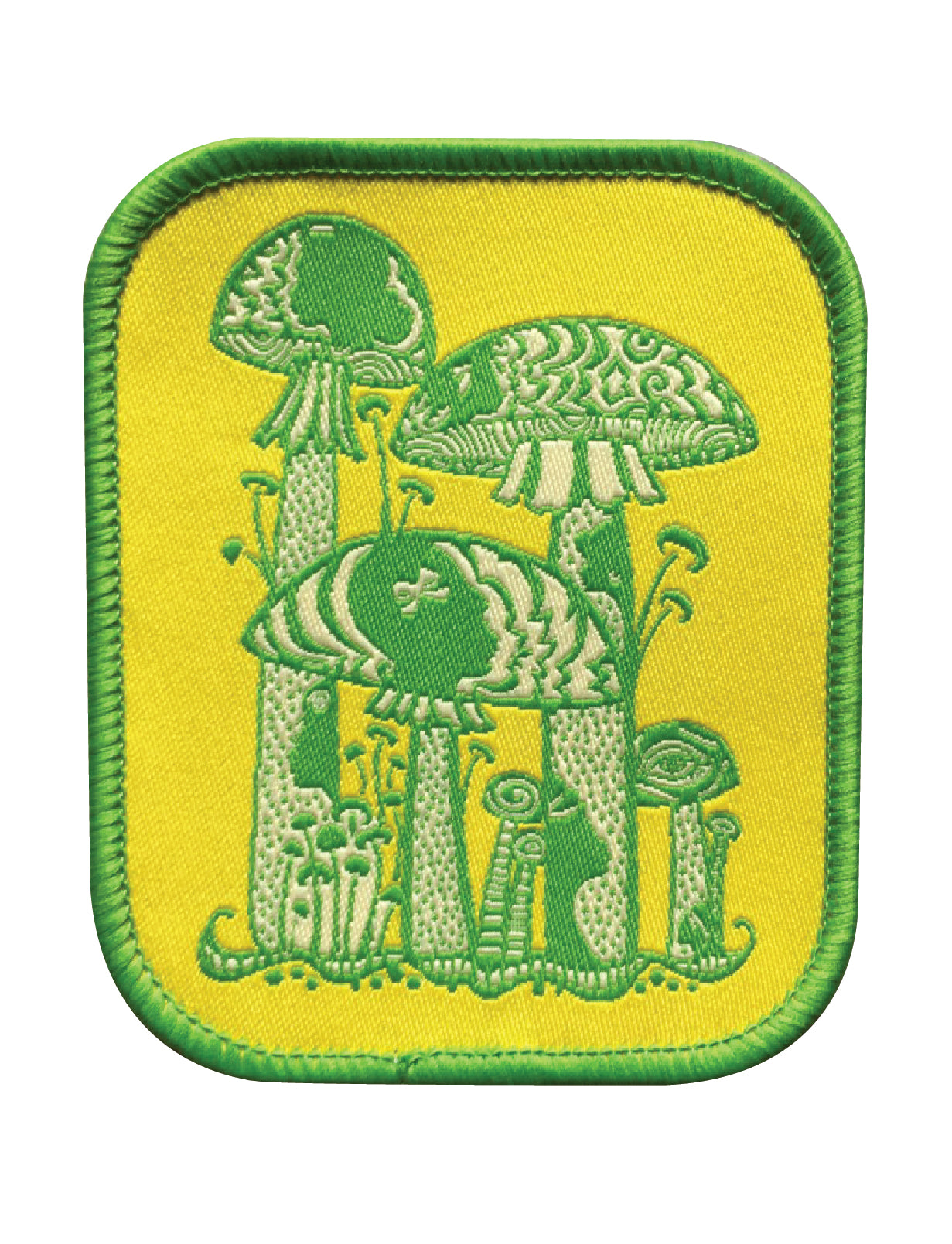 Lime green, yellow and white psychedelic mushroom iron on patch